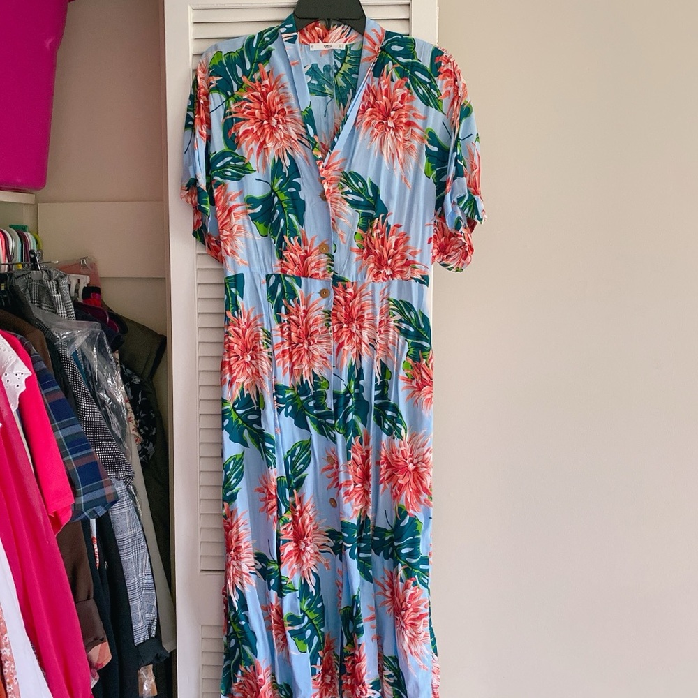 Floral Maxi midi Dress with Pink and Green Design
